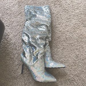 Silver sequin scrunch heeled boot